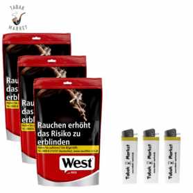 3 x West Red Tabak 195g Beutel + 3 Feuerzeuge
