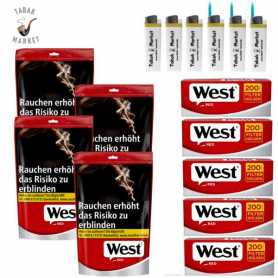 4 x West Red Tabak 100g Beutel + 1000 West Red Filterhülsen + 6 Feuerzeuge