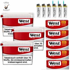 3 x West Red Tabak 110g Eimer + 1000 West Red Filterhülsen + 6 Feuerzeuge