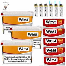 3 x West Yellow Tabak 105g Eimer + 1000 West Red Filterhülsen + 6 Feuerzeuge
