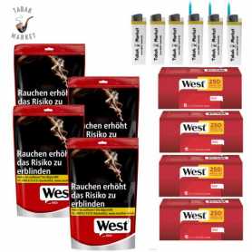 4 x West Red Tabak 65g Beutel + 1000 West Red Extra Filterhülsen + 6 Feuerzeuge